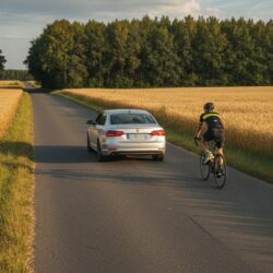 Samochód wyprzedza rowerzystę z dużym odstępem na wiejskiej drodze