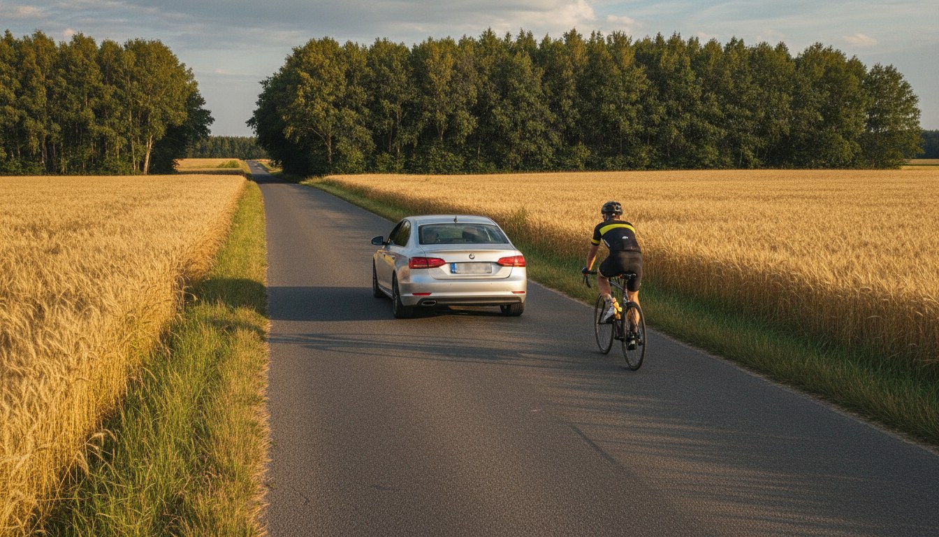 Samochód wyprzedza rowerzystę z dużym odstępem na wiejskiej drodze