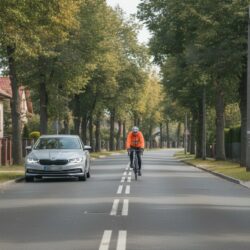 Kierowca wyprzedza rowerzystę z bezpiecznym odstępem na drodze podmiejskiej