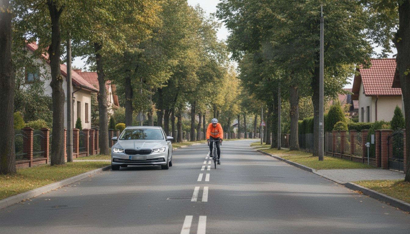 Kierowca wyprzedza rowerzystę z bezpiecznym odstępem na drodze podmiejskiej